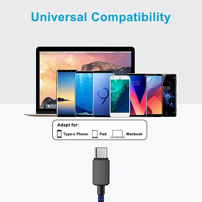 Type C Cable 5Pack (3/3/6/6/10 FT) Nylon Braided Fast Charging Charger Sync Cord Compatible with Samsung Galaxy S10 S10E S9 S20 Plus Note 10 9 8 S8 Z LG V20 G5 G6 Google Pixel(Blue)