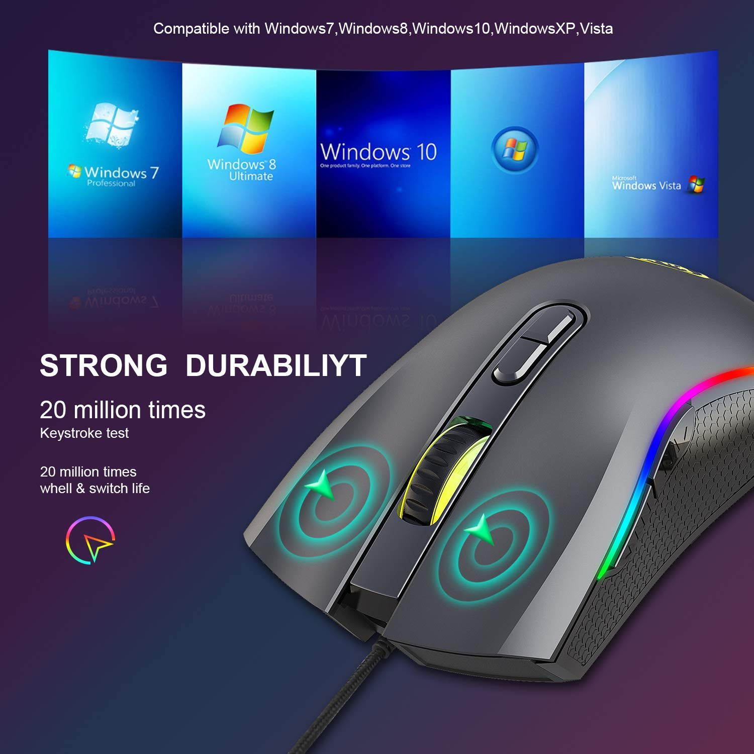 Gaming Mouse Wired, 7200 DPI Adjustable, 7 Programmable Buttons,6 Kinds of RGB Backlit Gaming Mouse, Lightweight Mouse for Laptop PC Gamer Computer Desktop