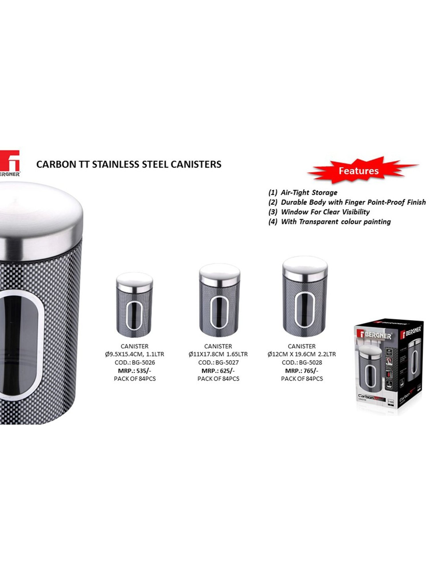 Bergner Carbon Grey Stainless Steel Storage Canister - Set of 1