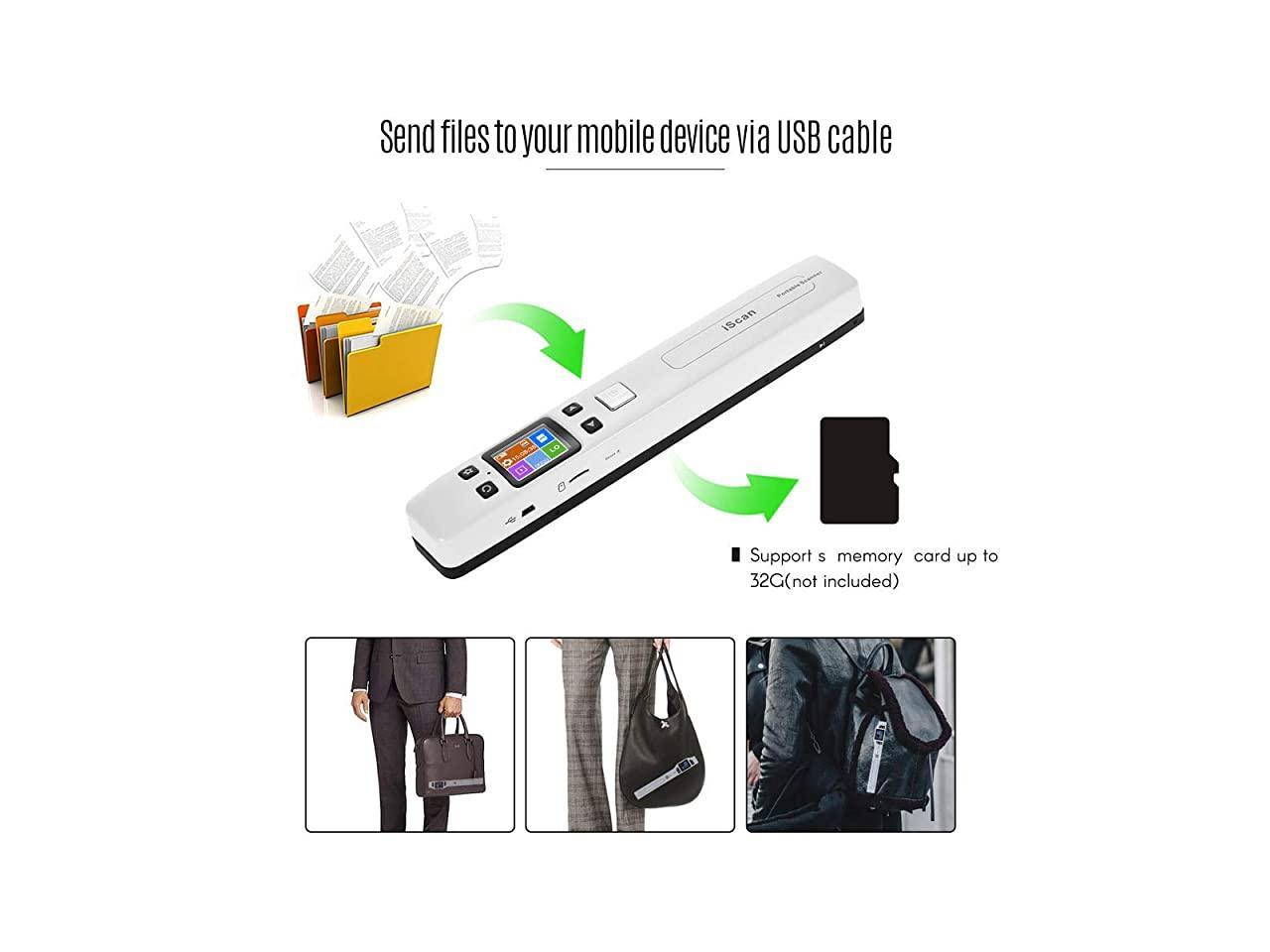 Scanner Portable Handheld Wand Document Book Images 1050DPI Resolution High Speed Scanning A4 Size JPEG PDF Format Colorful LCD Display for Office Business Reciepts