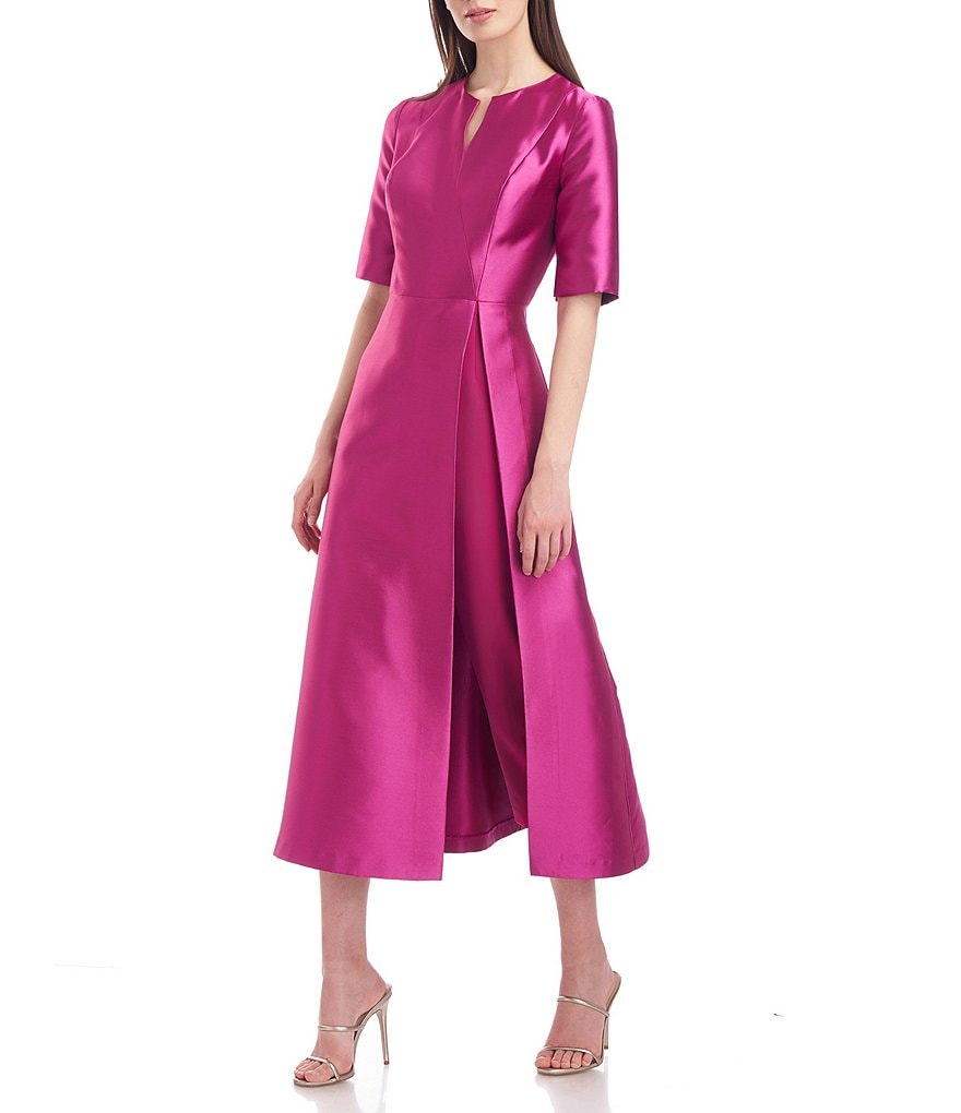 Kay Unger V-Neck Short Sleeve Twill Walk Through Jumpsuit Dress