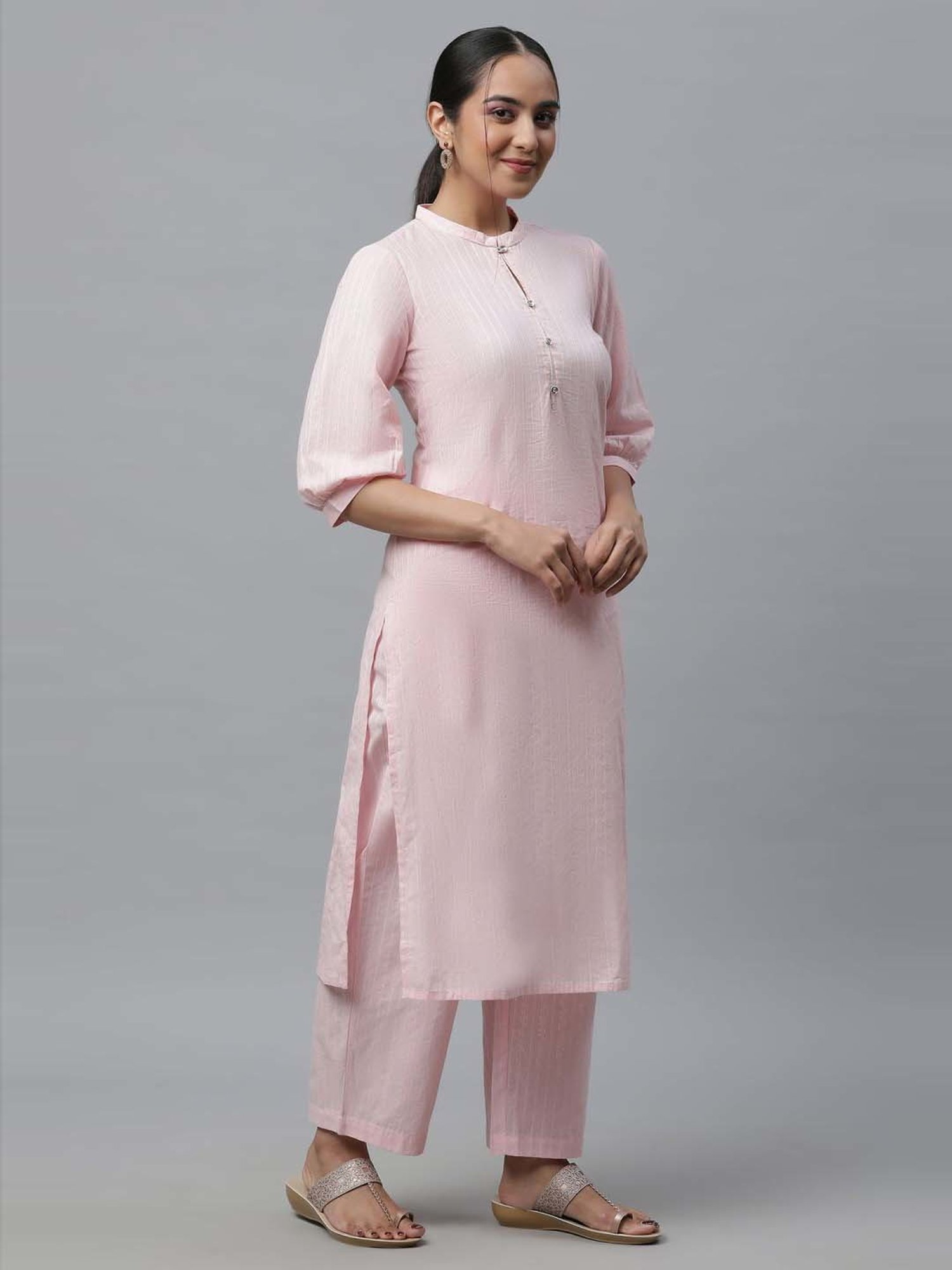 Aurelia Pink Cotton Striped Kurta Palazzo Set