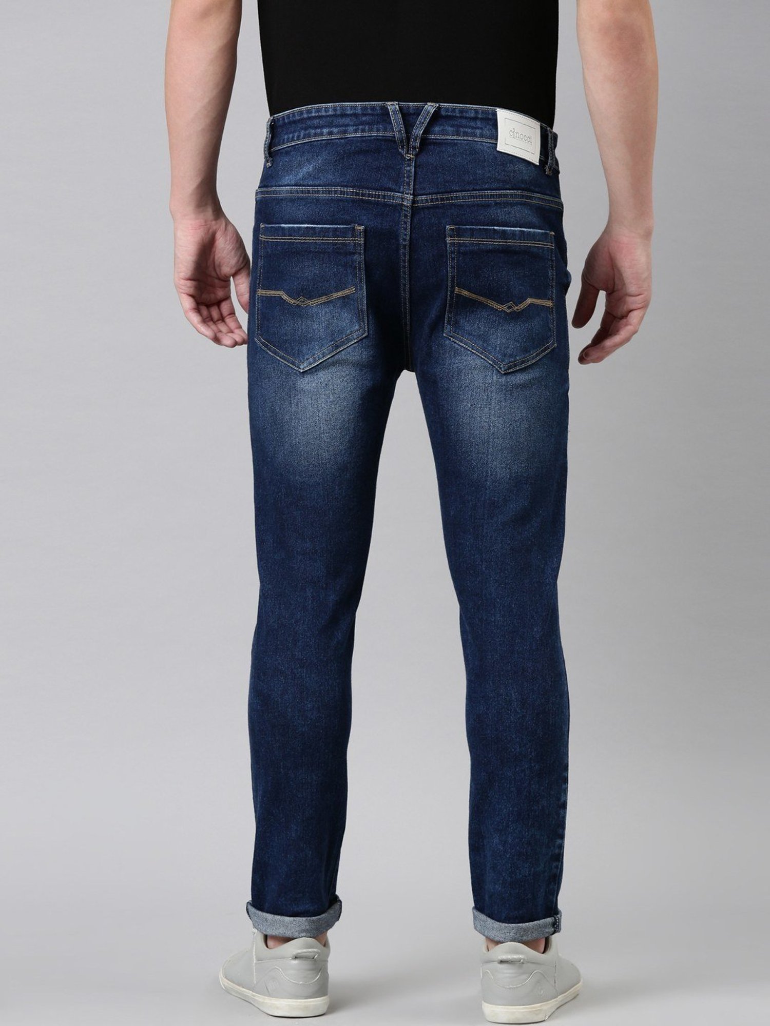 CINOCCI Blue Cotton Slim Fit Distressed Jeans