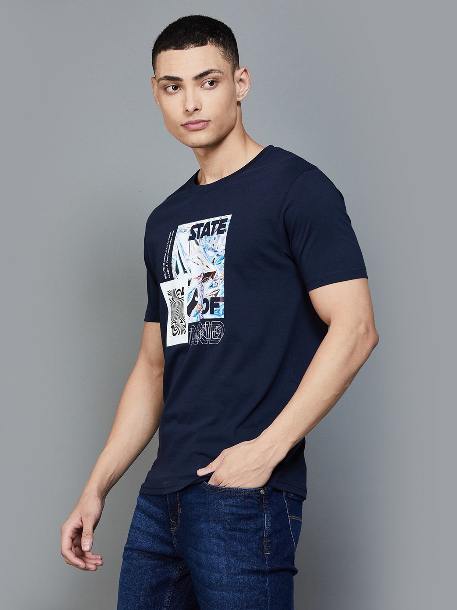 BOSSINI Navy Cotton Slim Fit Printed T-Shirt