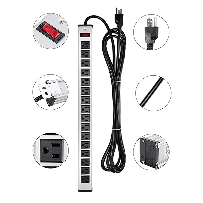 Protector Power Strip 16-Outlet ETL Certified Heavy Duty Metal Power Socket with Circuit Breaker and 15 FT Long Cord