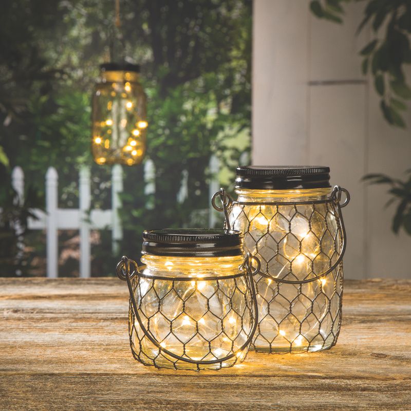 Everlasting Glow 3.75-Inch Tall Battery-Operated Clear Glass Mason Jars with Black Netting (Set of 4)