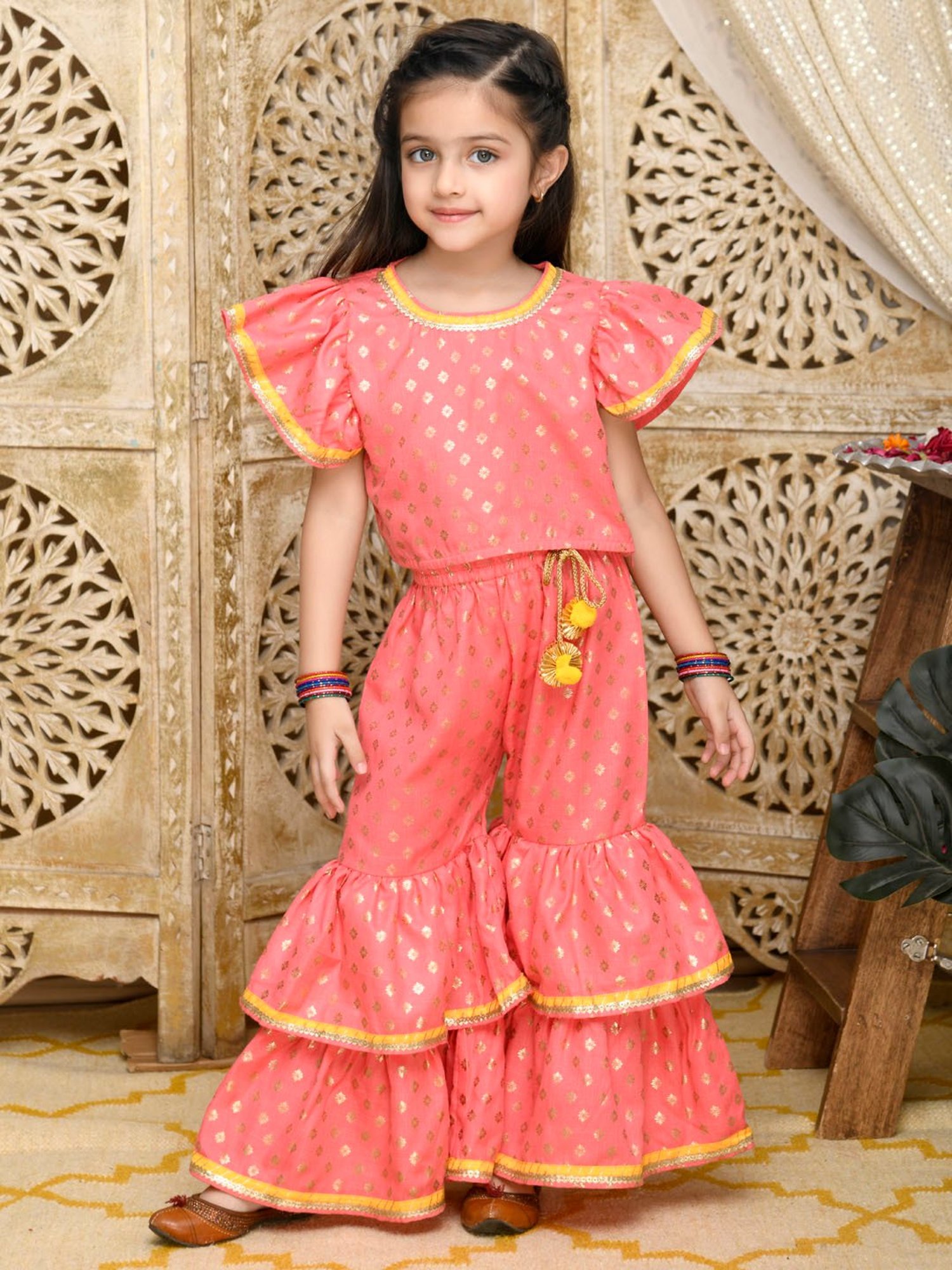 Saka Designs Kids Dark Peach & Gold Printed Top with Sharara