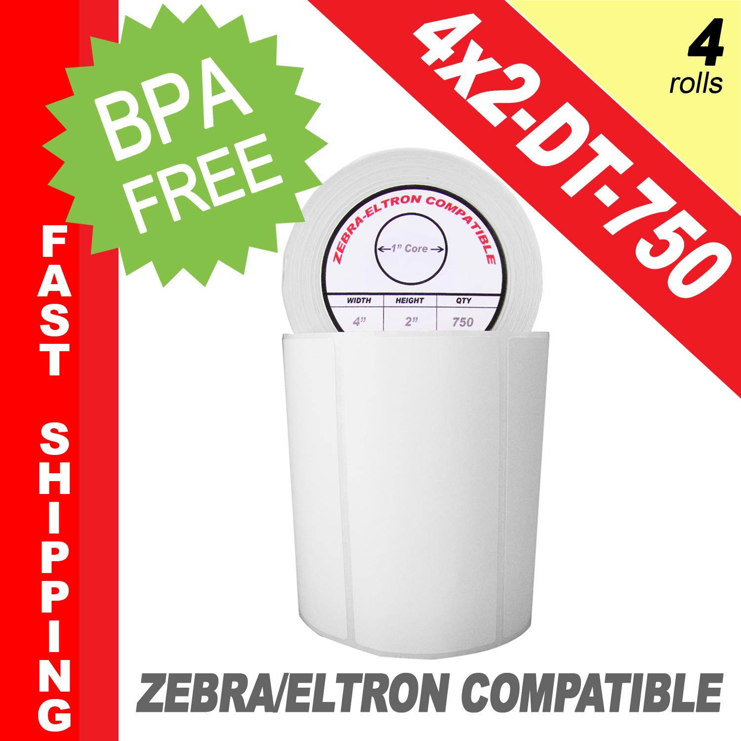 Zebra/Eltron-Compatible 4 x 2 Labels (4" x 2") -- BPA Free! (4 Rolls; 750 Labels per Roll)