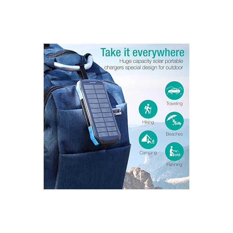Power Bank  Solar Charger with Qi Wireless Charger and 2 USB Port Ultra Waterproof Portable Phone Charger 16000mAh External Battery Pack with 15 LEDs Flashlight for iPhone iPad Samsung