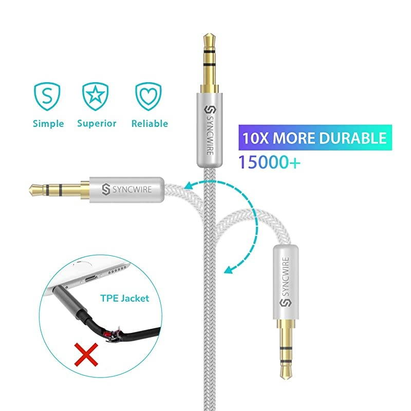Long Aux Cable 6.5Ft- Auxiliary Audio Cable for Headphones, Car, Home Stereos, iPhone/Ipad iPod/Echo Dot, Galaxy S8/ Galaxy Note 8/ Smartphones & More - Silver