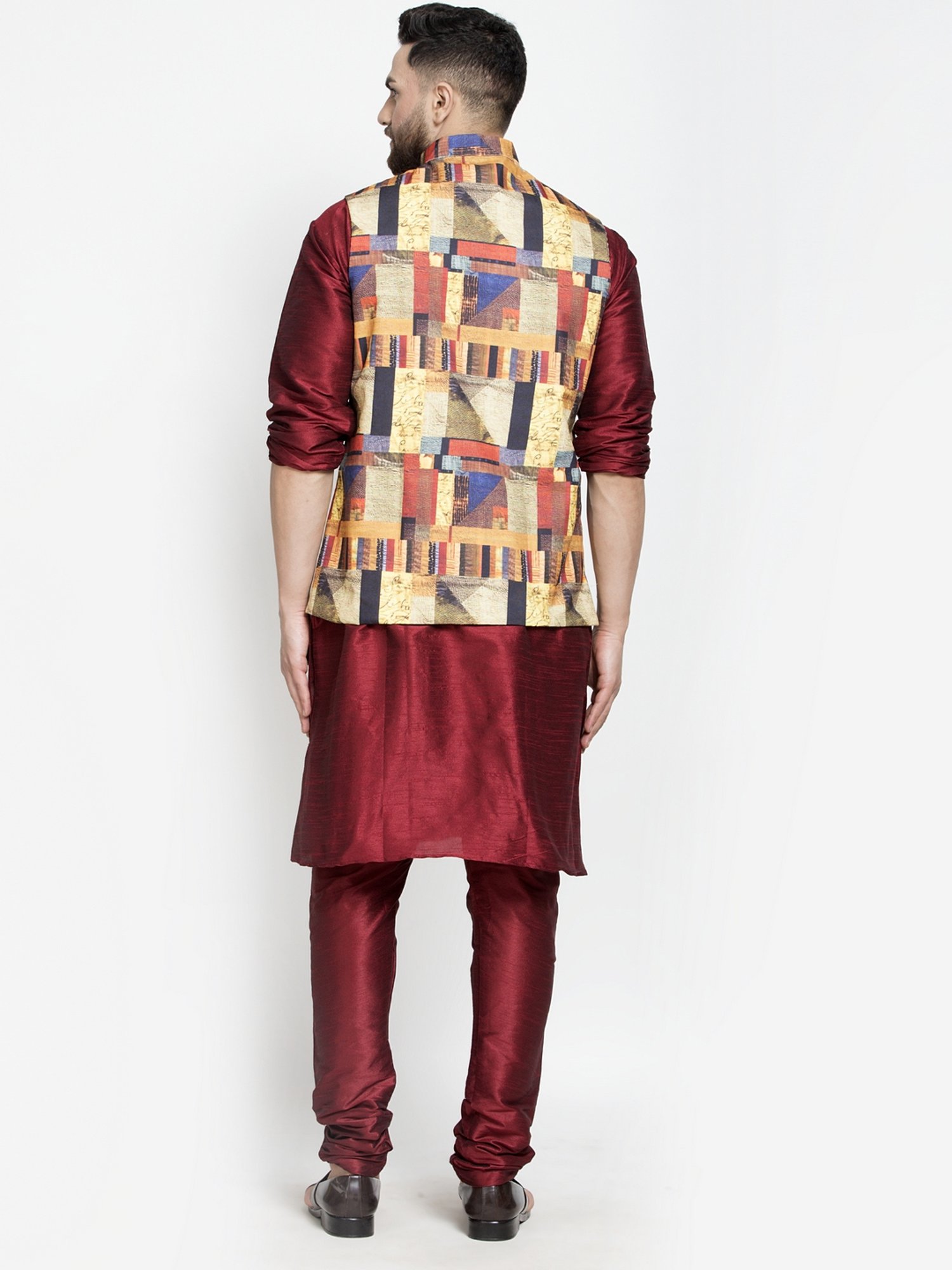Benstoke Maroon & Multicolor Regular Fit Geometric Kurta Set With Jacket