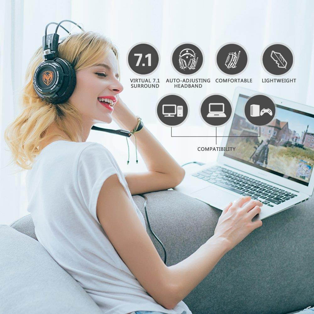 SOMIC G941 Gaming Headset For PS4, PC and Laptop, 7.1 Virtual Surround Sound USB Lightweight Over Ear Headphone with Mic,Volume Control,LED(Black)