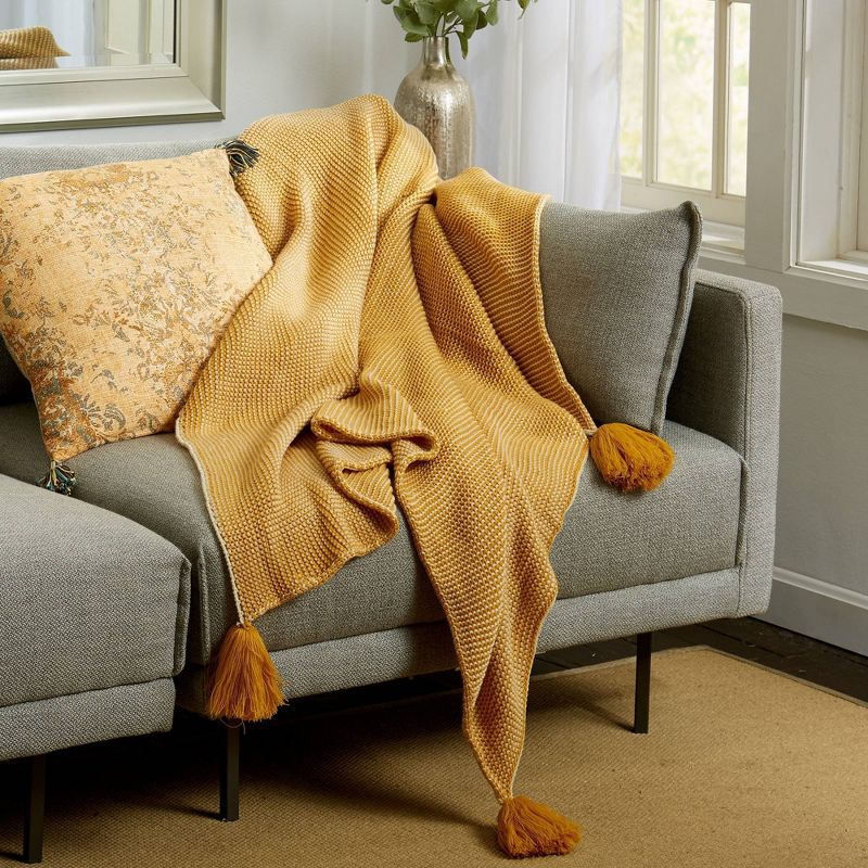 50"x60" Throw Blanket with Pom-Poms Ochre - Patina Vie