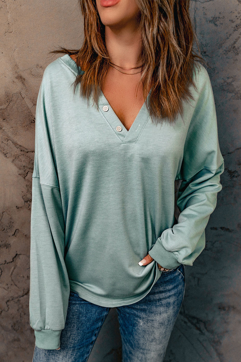 Pale Green Solid Color V Neck Drop Long Sleeve Top