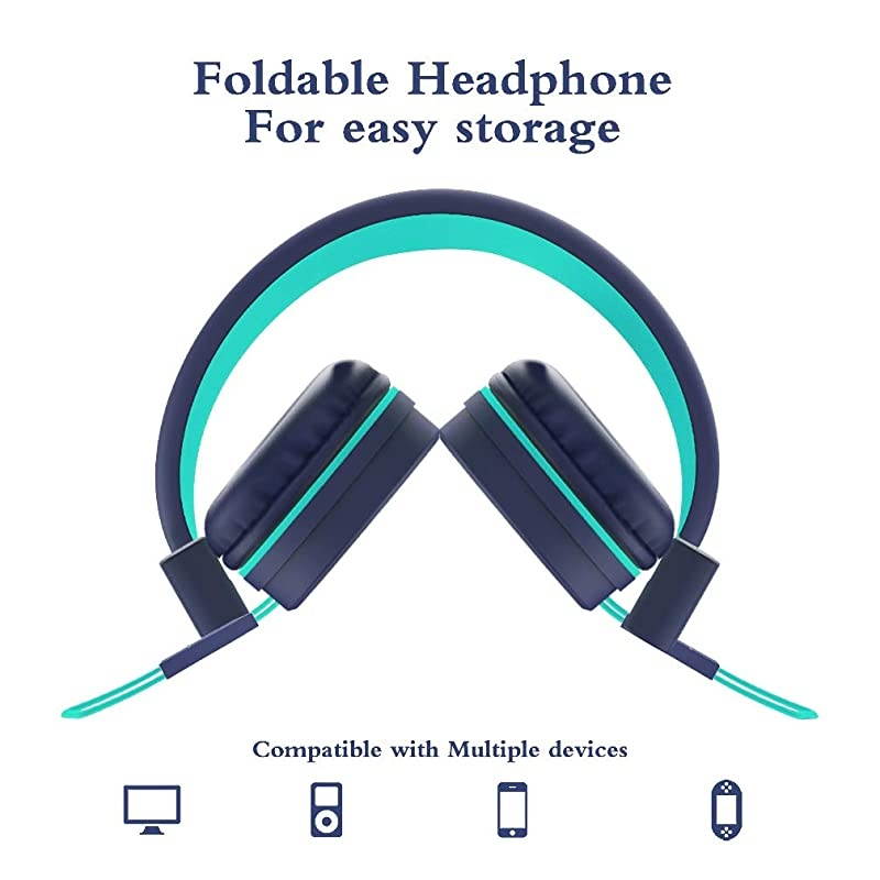 i37 Kids Headphones Children Girls Boys Teens Foldable Adjustable On Ear Headphones 35mm Jack Compatible Cellphones Computer MP34 Kindle School Tablet Teal