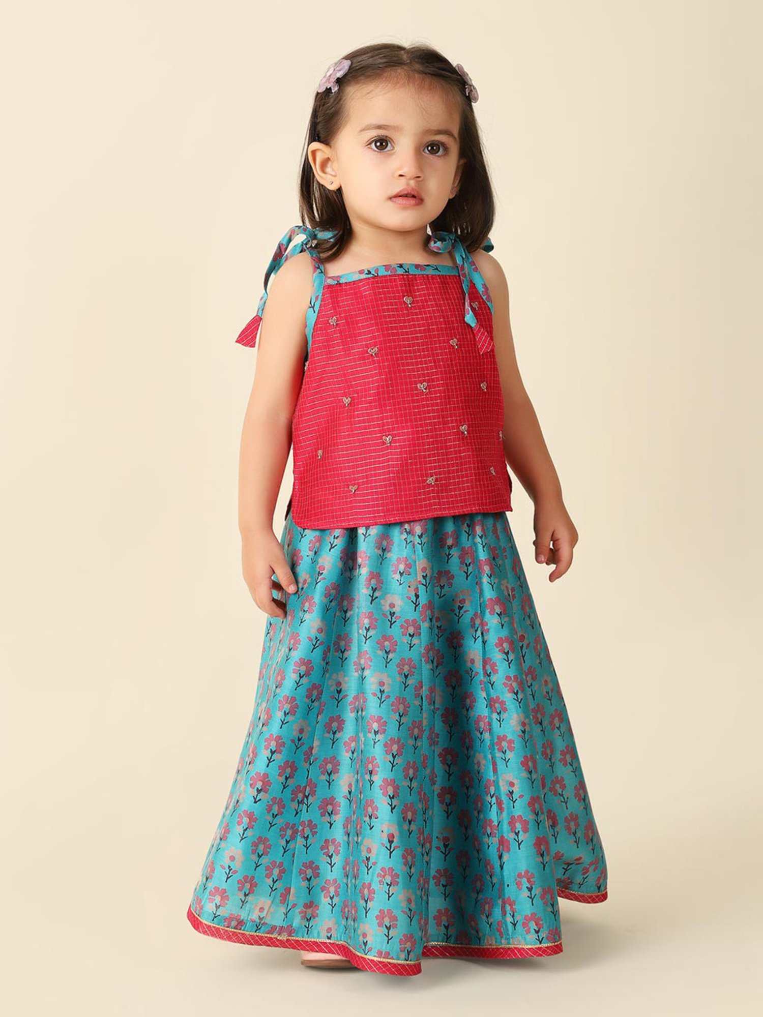 Fabindia Kids Red & Turquoise Floral Print Lehenga with Choli