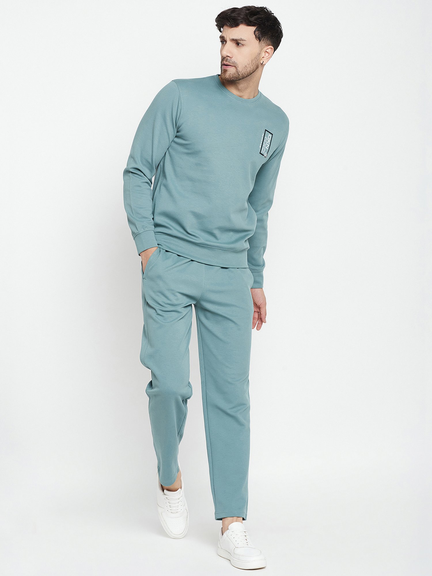 Okane Dusty Green Regular Fit Printed Sweatshirt & Trackpants Set