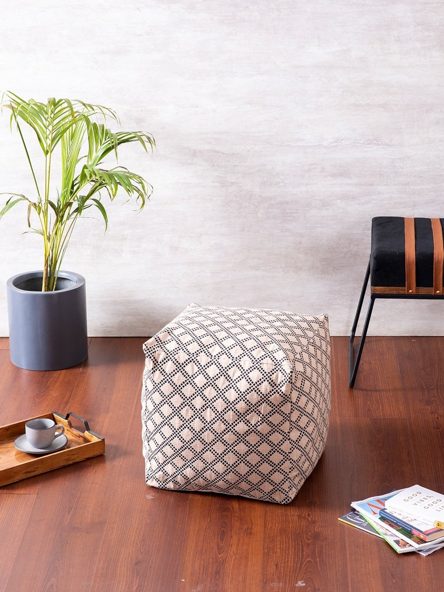 Nestroots Printed Beige Cotton Foot Stool Floor Cushions with Filler - Set of 2