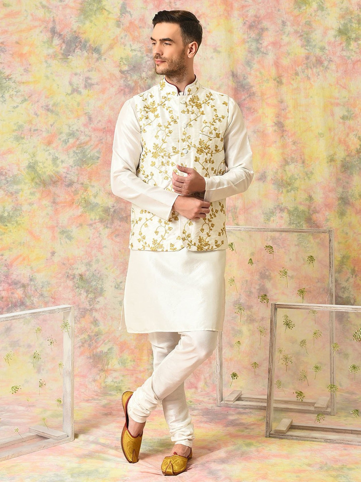 Hangup White Regular Fit Embroidery Kurta & Churidar With Nehru Jacket