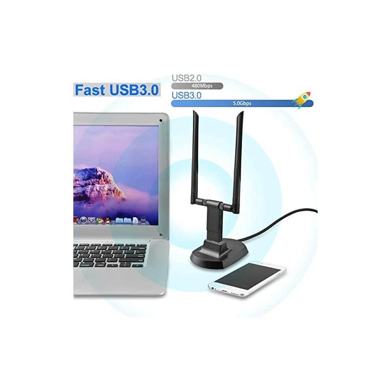 WiFi Adapter, 1900Mbps Dual Band 2.4GHz/600Mbps 5.8GHz/1300Mbps High Gain 5dBi Antennas 3.0 Wireless Network Adapter for PC Desktop Laptop with Windows 10/8/7/XP/Vista, Mac OS
