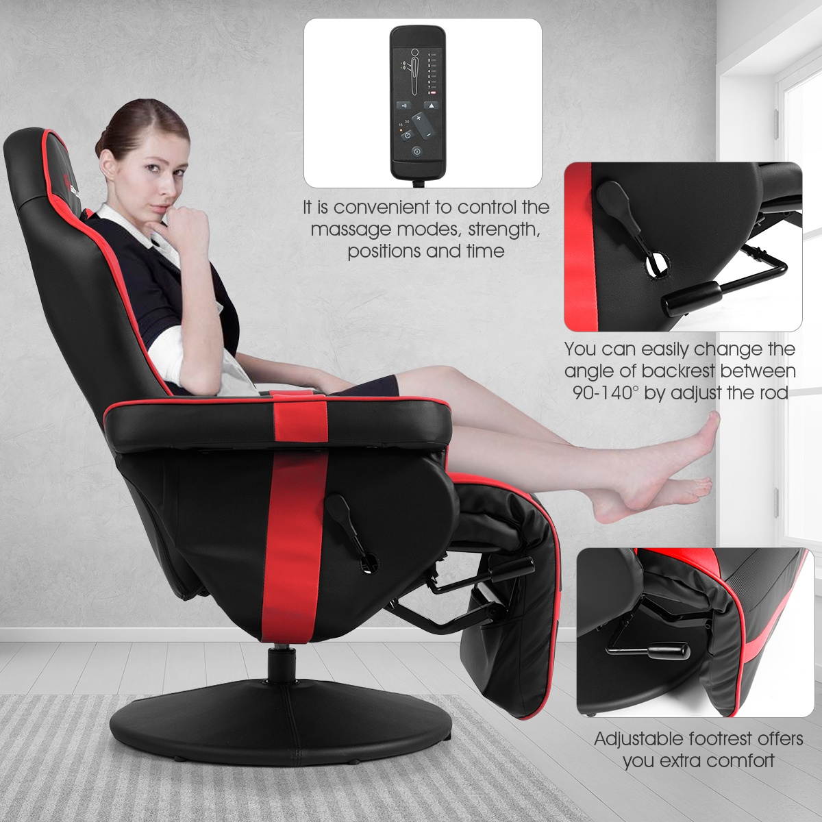 Goplus Massage Gaming Recliner Reclining Racing Chair Swivel Red