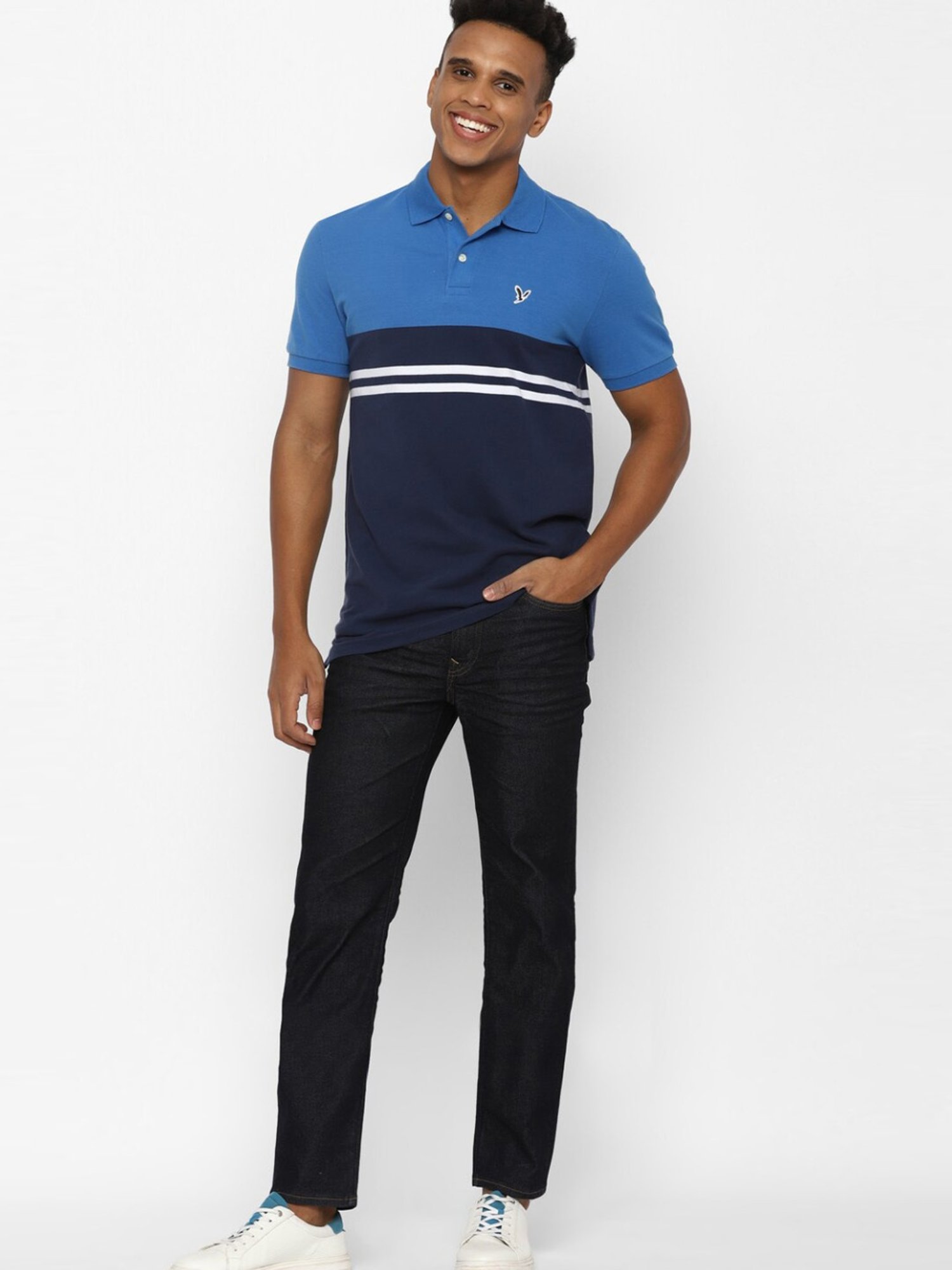American Eagle Outfitters Navy Cotton Regular Fit Colour Block Polo T-Shirt