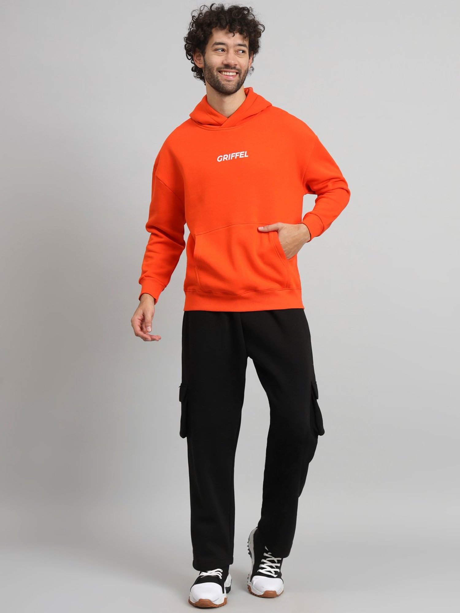 GRIFFEL Orange & Black Loose Fit Logo Print Oversized Hooded Sweatshirt & Trackpants Set