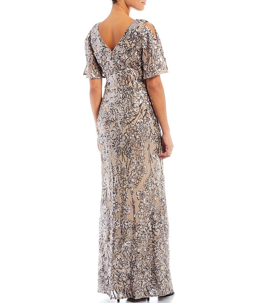 Alex Evenings Sequin A-Line Flutter Cold Shoulder Sleeve V-Neck Long Gown