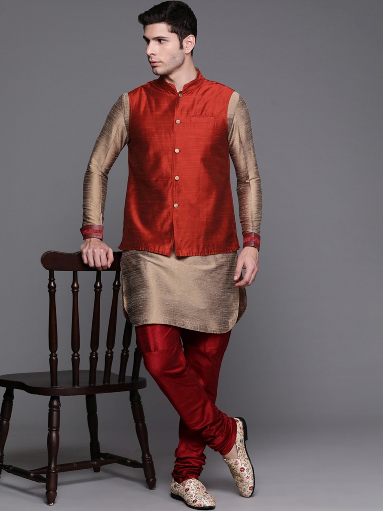 Indo Era Orange Cotton Regular Fit Nehru Jacket