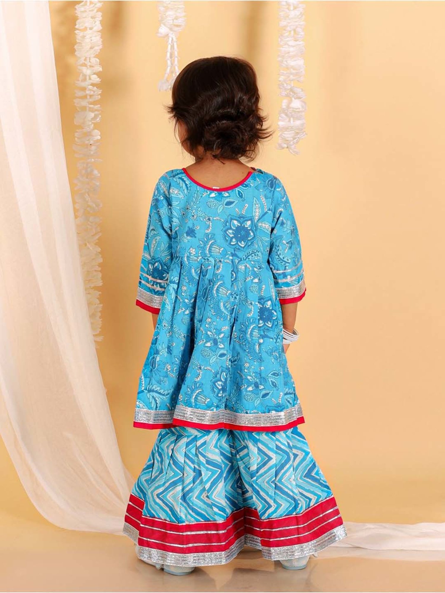 The Mom Store Kids Sky Blue & Red Cotton Printed Full Sleeves Kurta Set
