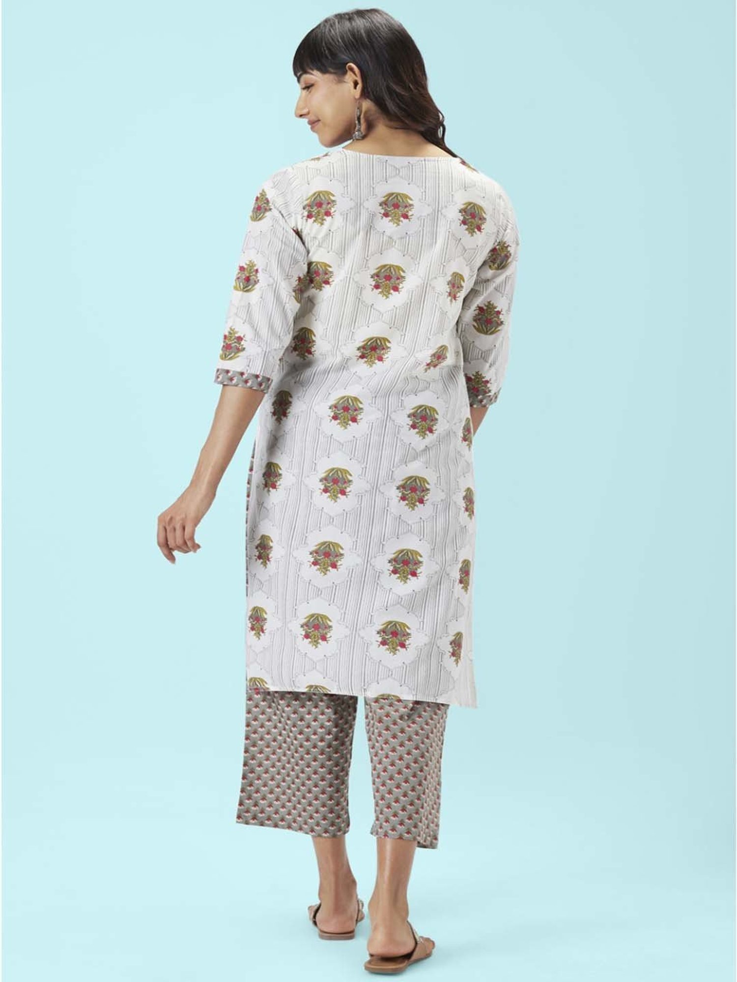 Rangmanch by Pantaloons White & Grey Cotton Floral Print Kurta Palazzo Set