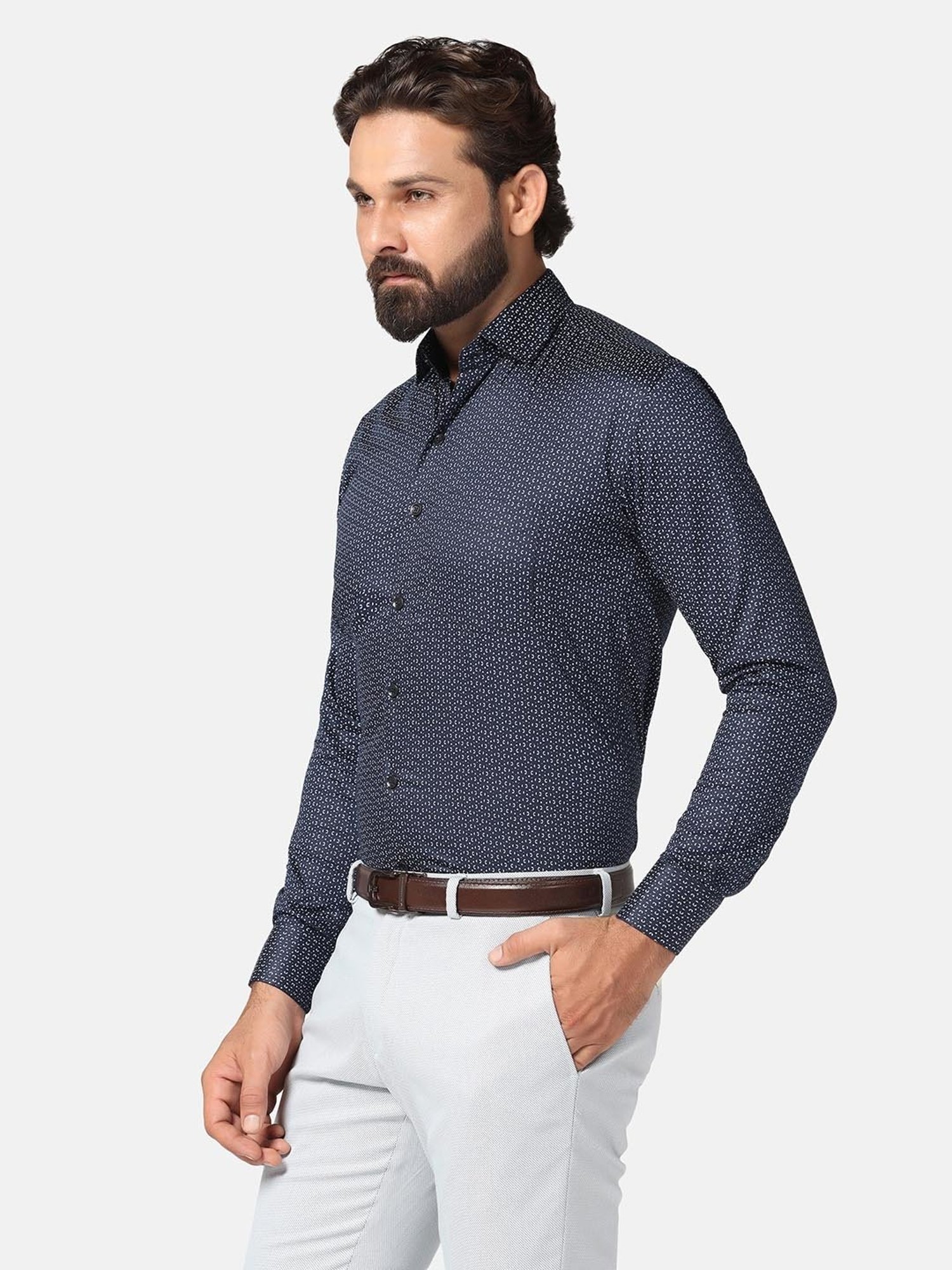 TAHVO Navy Slim Fit Printed Shirt