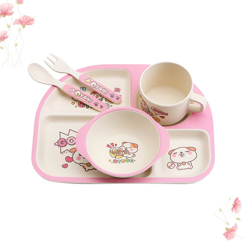 1 Set/5PCS Creative Bamboo Fiber Bowl Exquisite Dinner Tray Drop-Proof Dish Baby Separate Plate Cutlery Set for Babies Children (Pink)