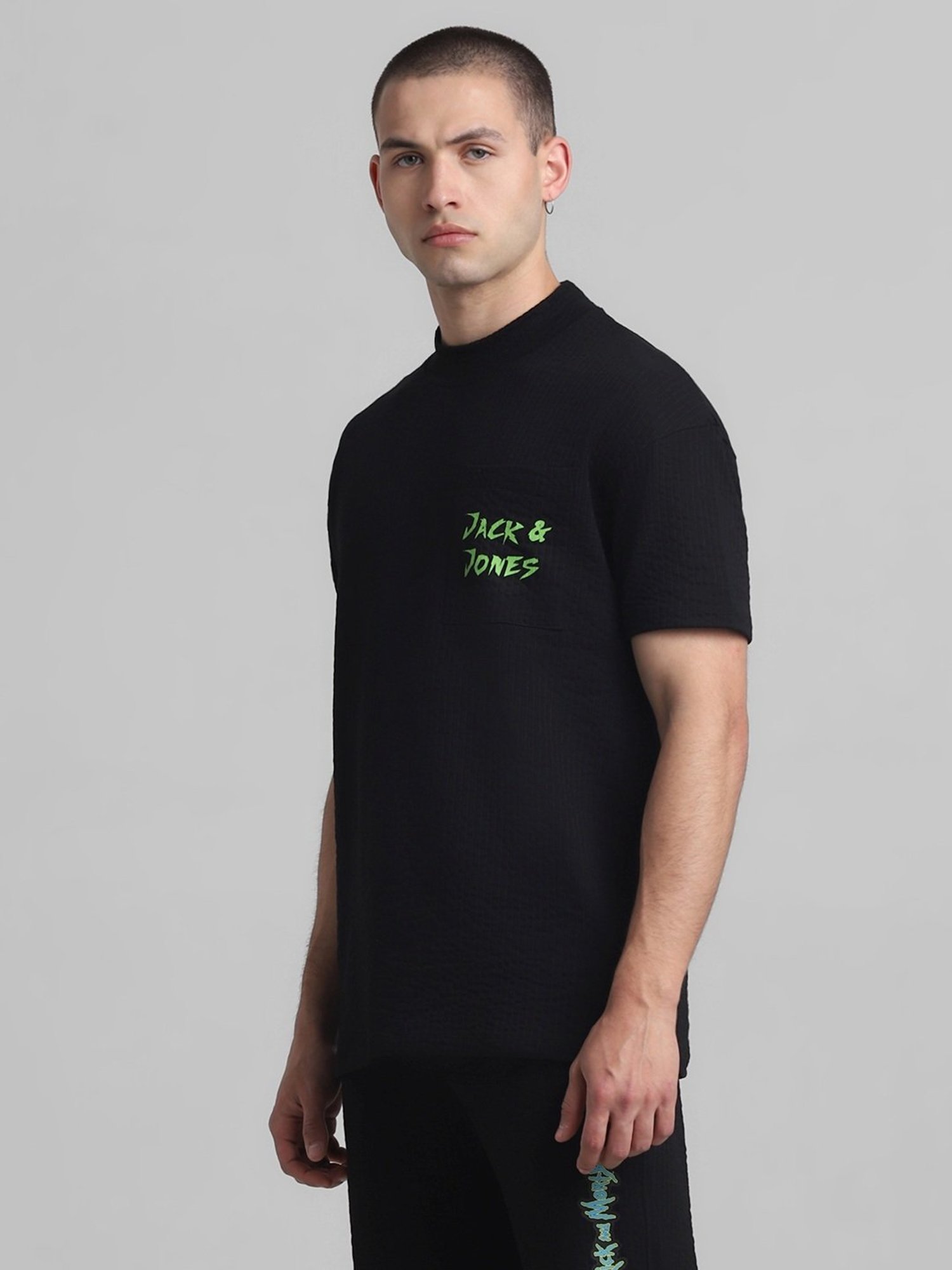 Jack & Jones Jet Black Cotton Boxy Fit Printed T-Shirt