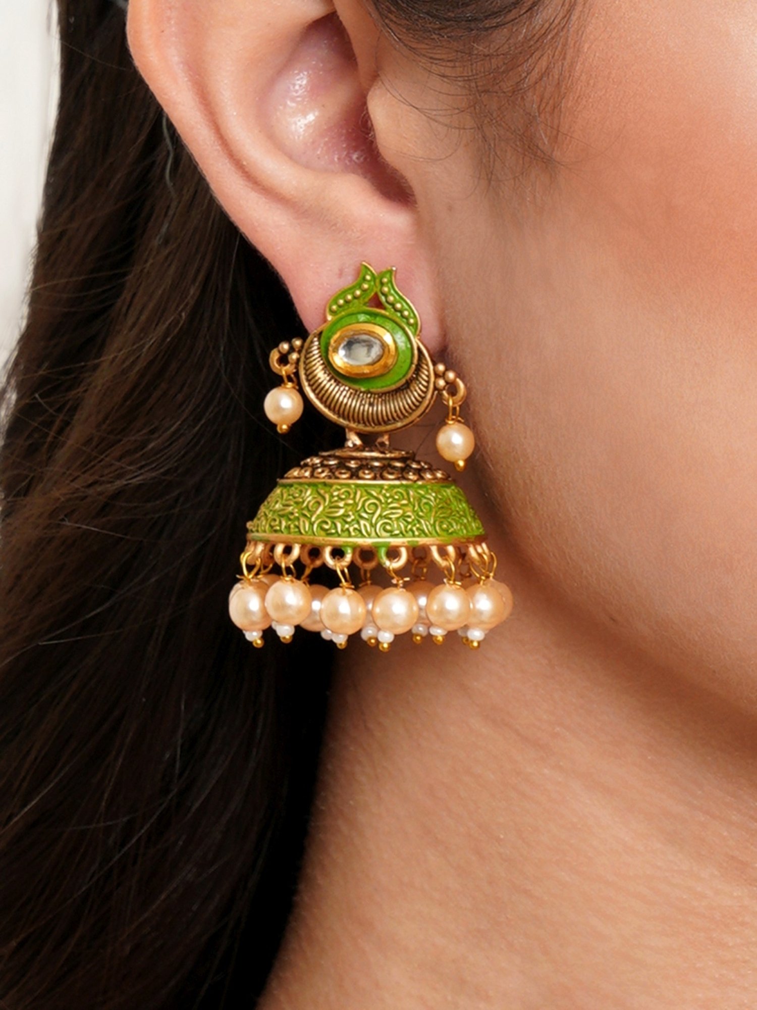 Karatcart Antique Gold-Plated Polki Kundan Studded Light Green Meena Jhumki Earrings for Women