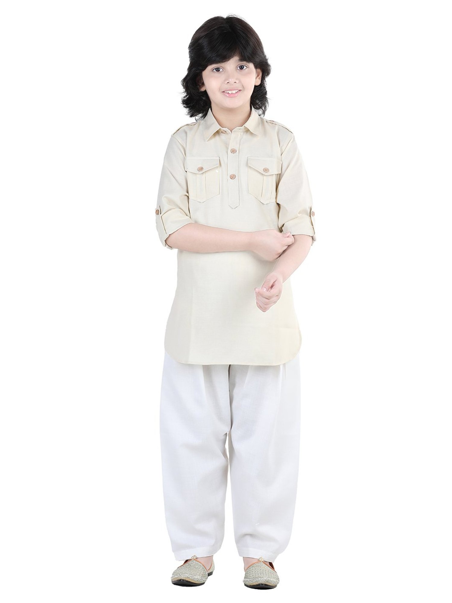 AJ Dezines Kids Cream Solid Full Sleeves Kurta with Salwar