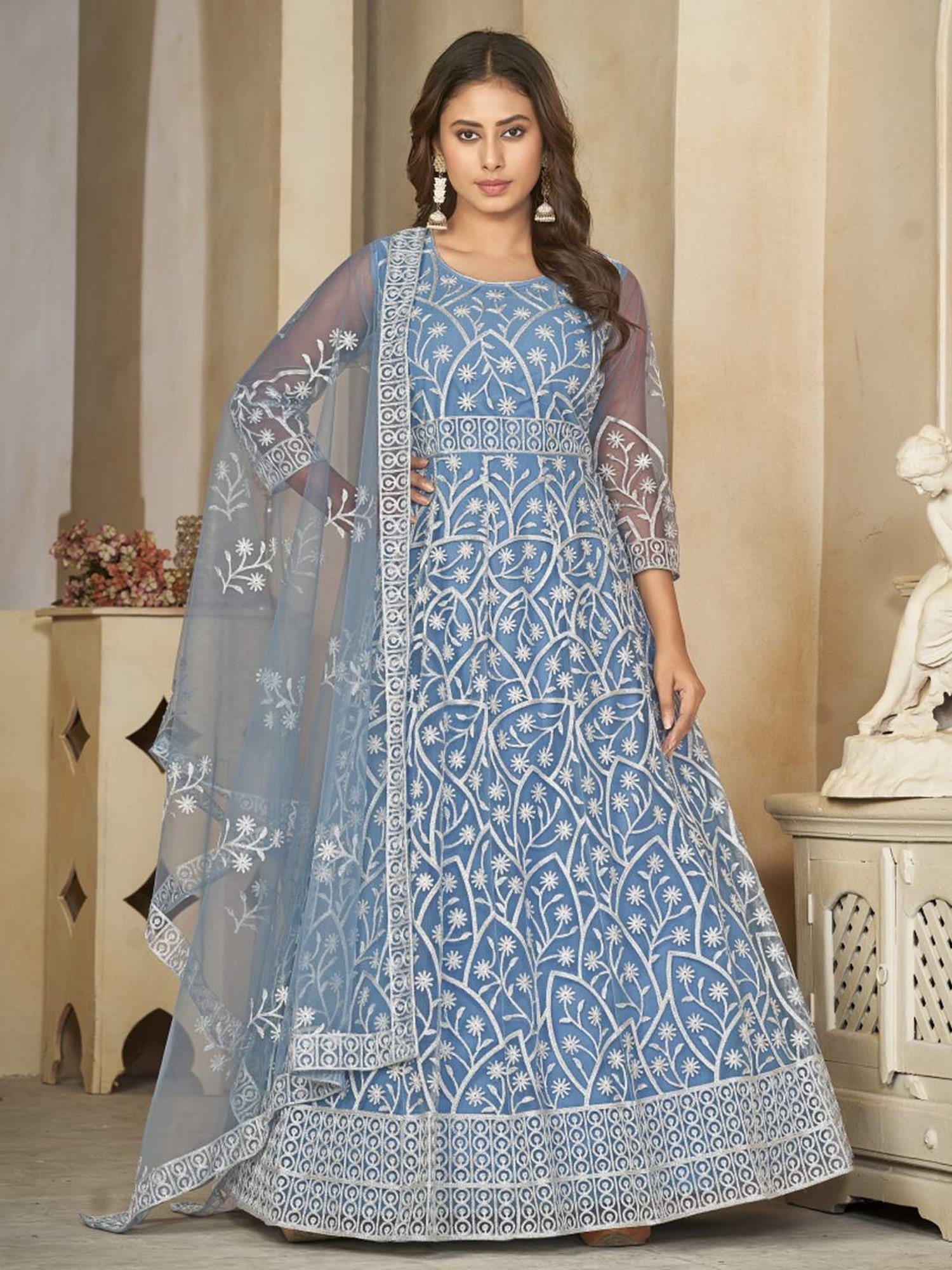 Warthy Ent Blue Embroidered Unstitched Dress Material