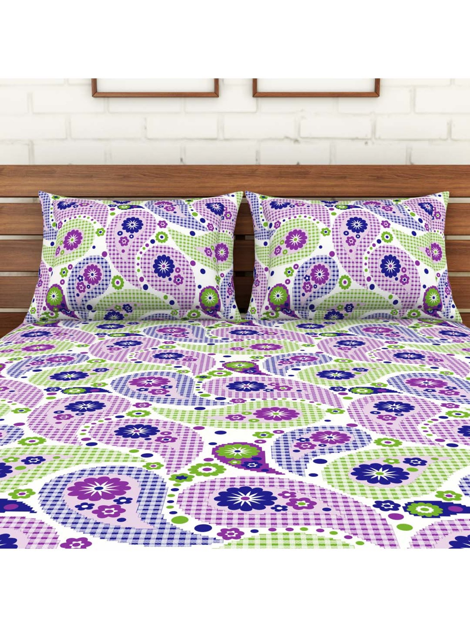SWHF Purple & Green Cotton 110 TC Double Bedsheet Sets