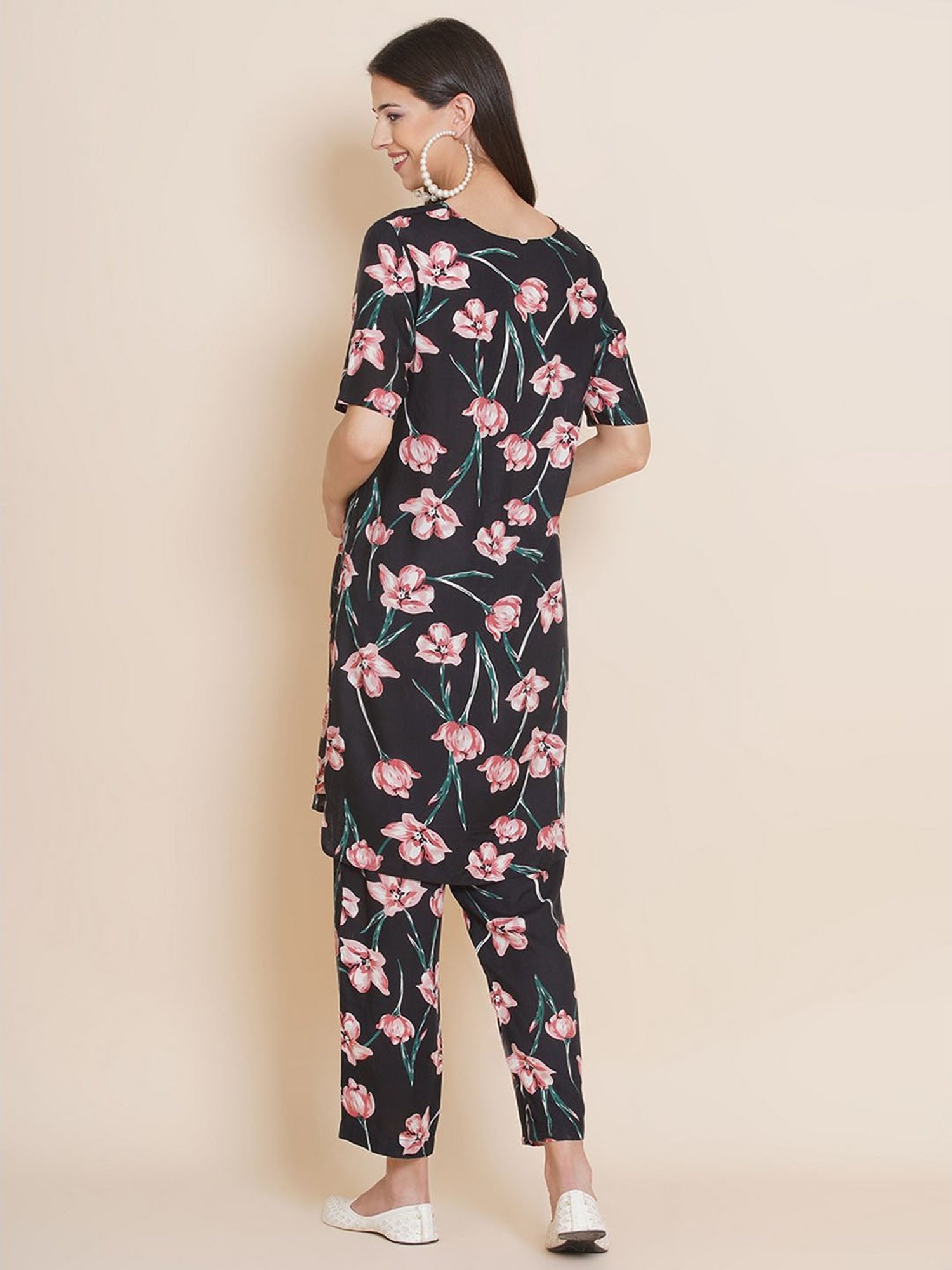 Mine4Nine Black Floral Print Maternity Kurta With Pyjamas