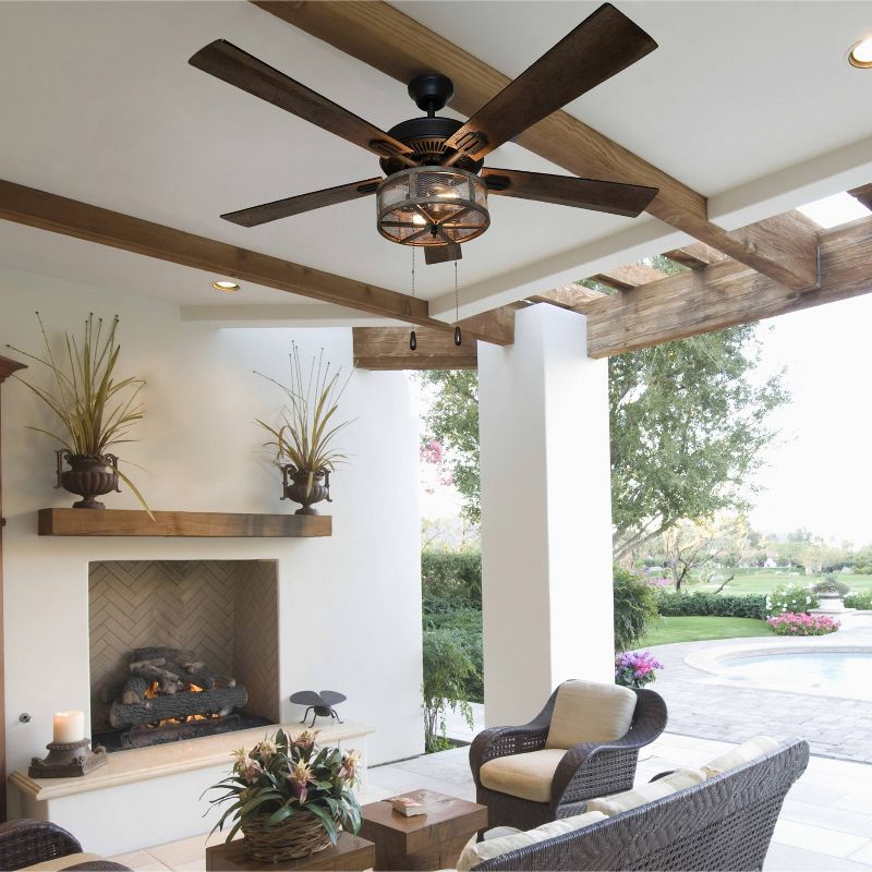 52" LED 5-Blade Dixsie Woodgrain Caged Farmhouse Lighted Ceiling Fan - River of Goods