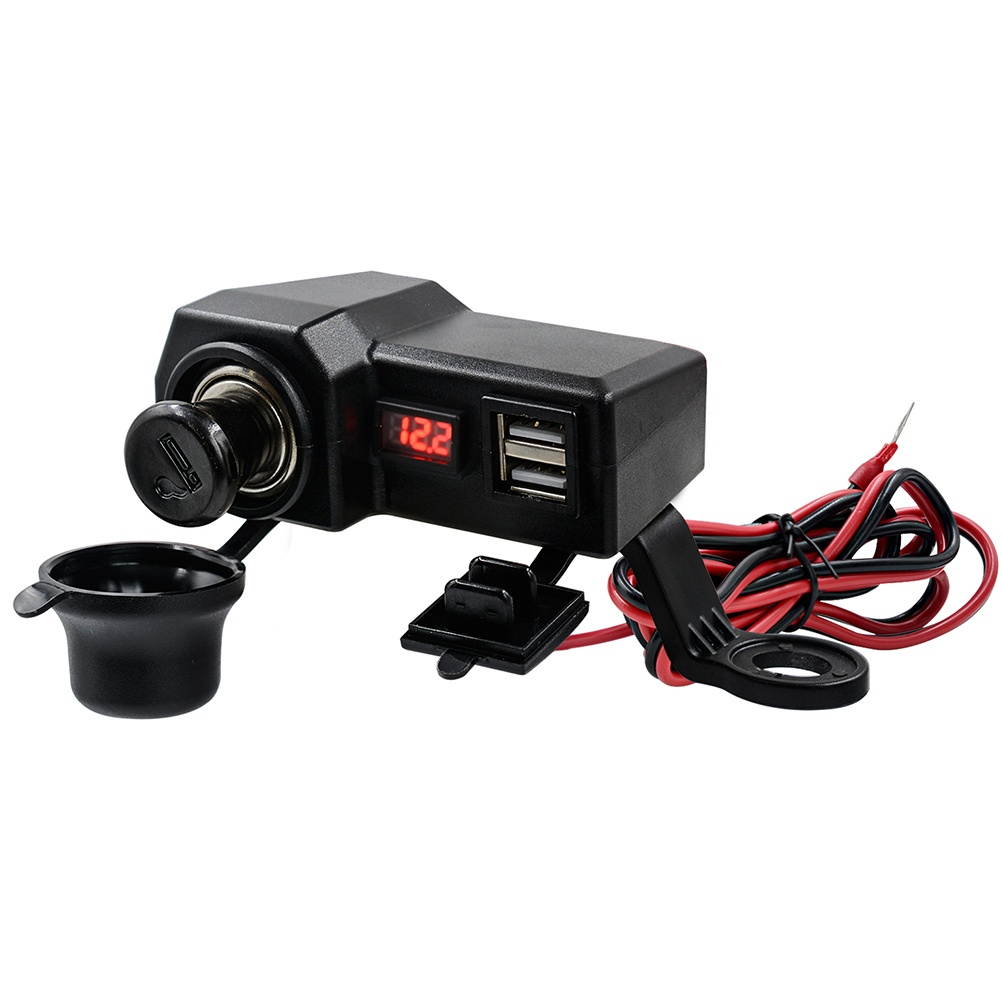 Waterproof 5V 3.4A Motorcycle Dual USB Phone Charger 10V-24V with Voltage Display Voltmeter with On Off Switch with Cigar lighter for Phones GPS (Black)