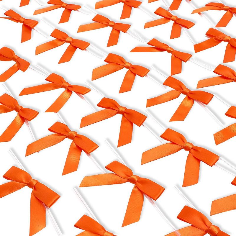 Bright Creations 100-Pack 3" Orange Satin Bow Twist Ties with Clear Twist Ties for Treat Bags and Gift Bags