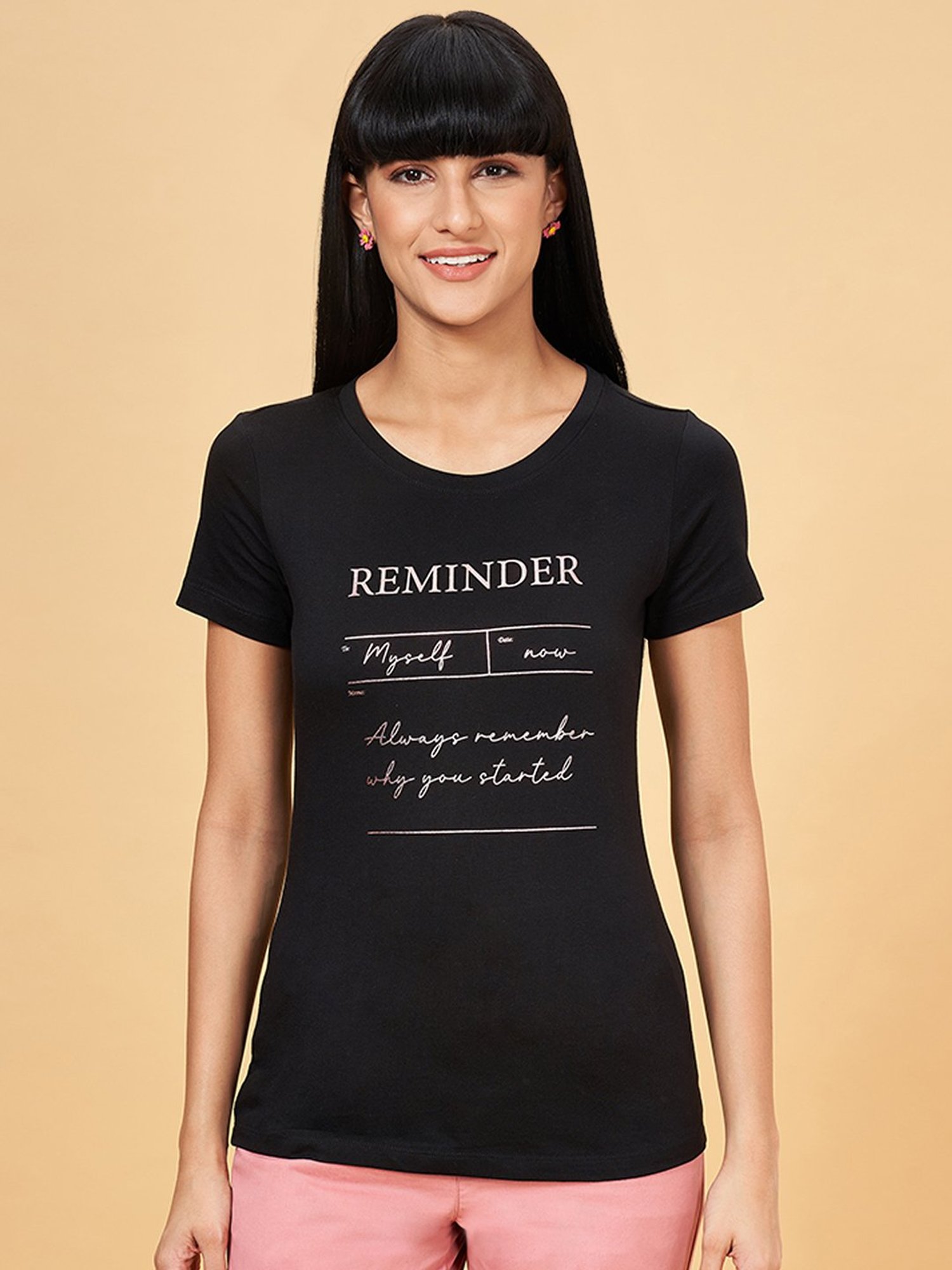 Honey by Pantaloons Black Cotton Printed T-Shirt