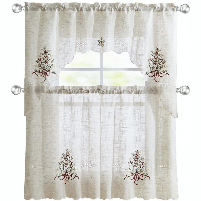 Kate Aurora Holiday Living Classic Poinsettia Complete 3 Piece Christmas Kitchen Curtain Tier & Valance Set - 58 in. W x 36 in. L