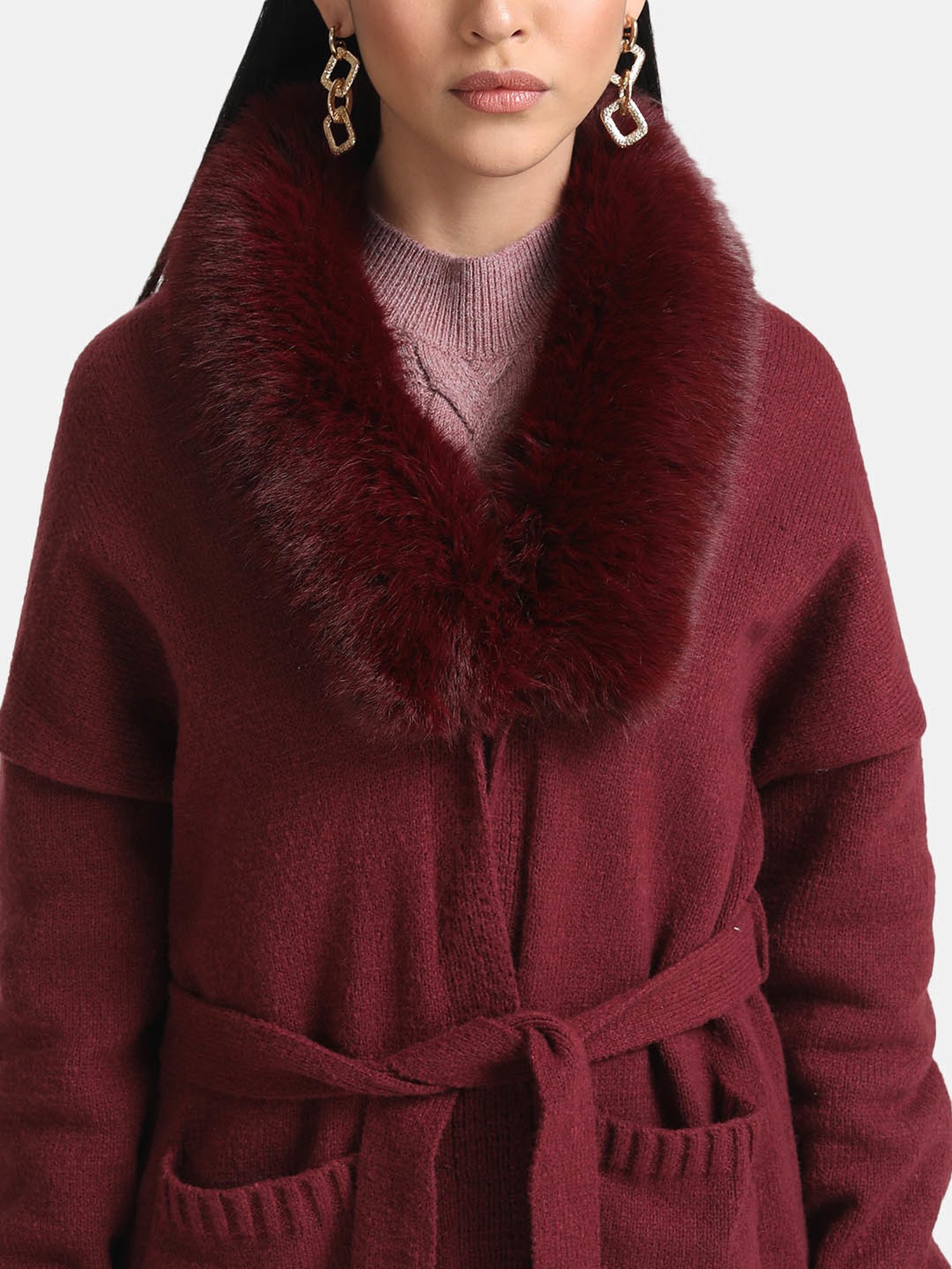 Kazo Belted Cape With Detachable Fur Collar