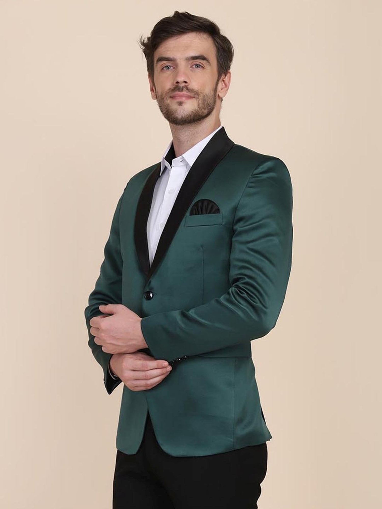 TAHVO Green & Black Cotton Slim Fit Blazer