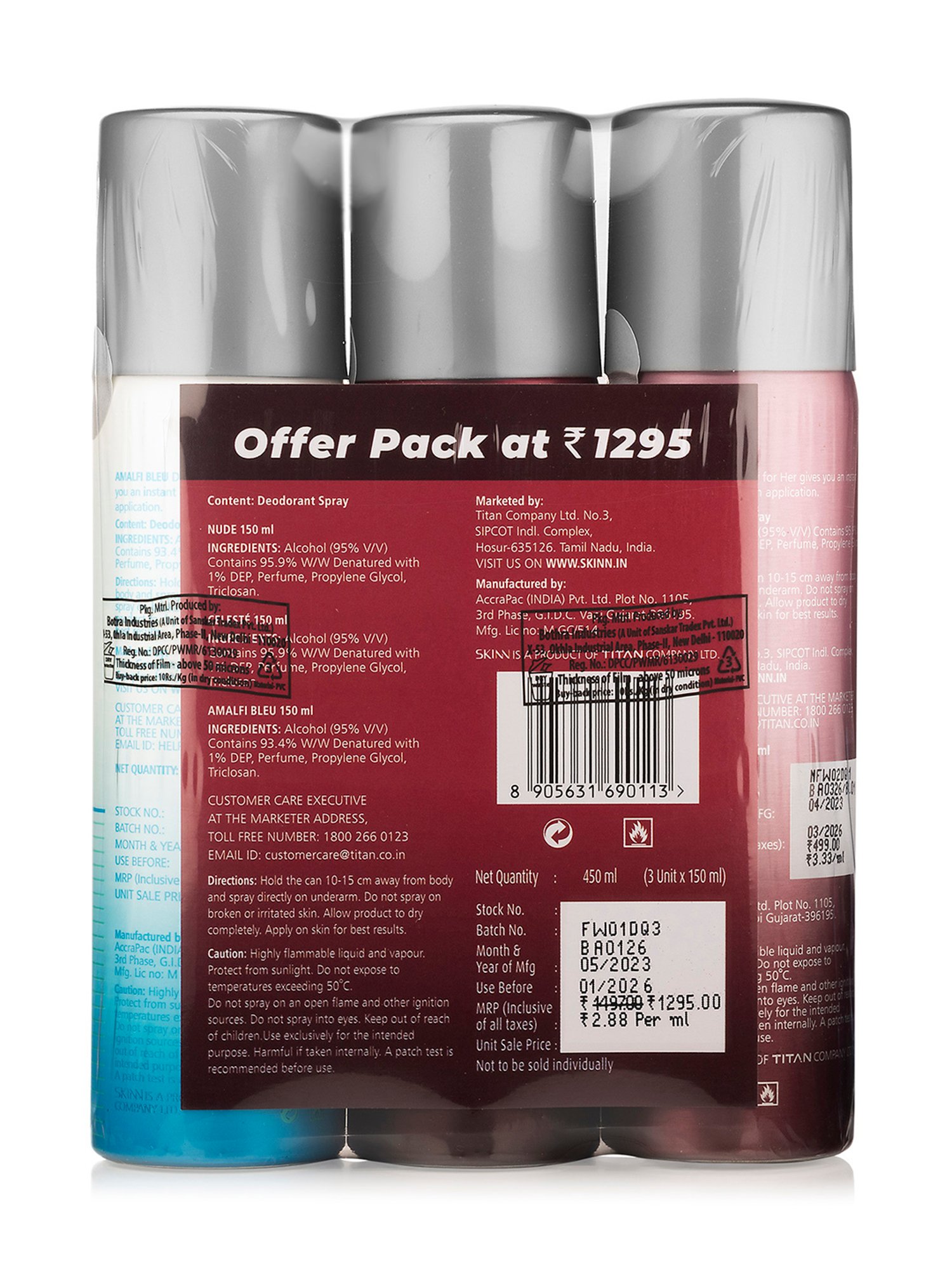 Skinn by Titan Premium Range Deodorant Spray for Her - Pack of 3