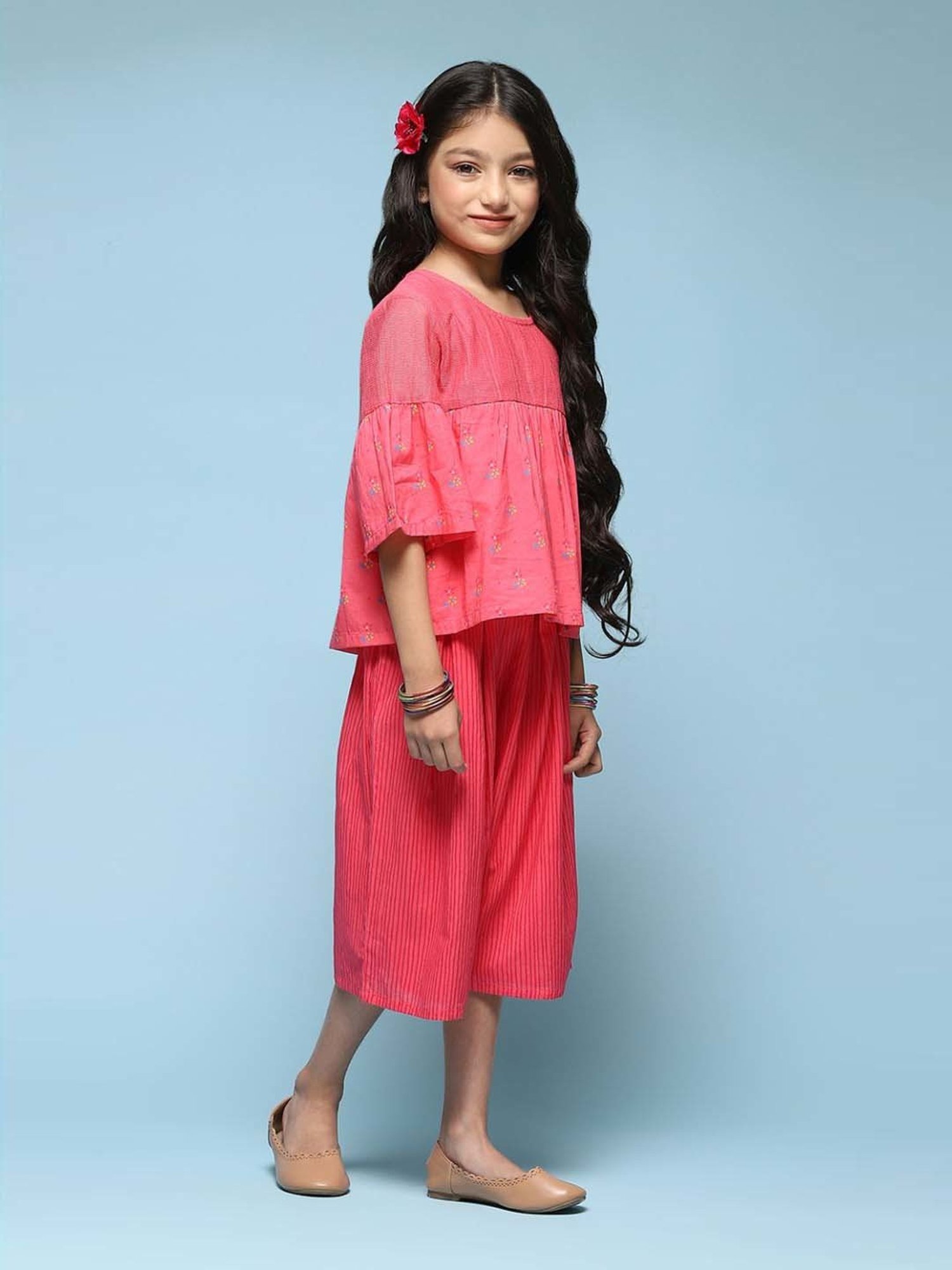 BIBA Girls Kids Pink Cotton Floral Print Top Set