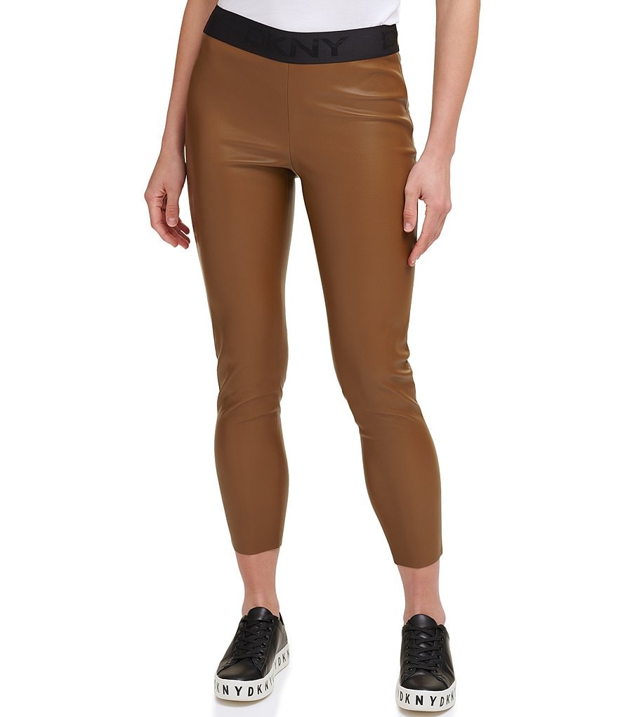 DKNY Faux Leather Contrast Logo Waist Pull-On Leggings