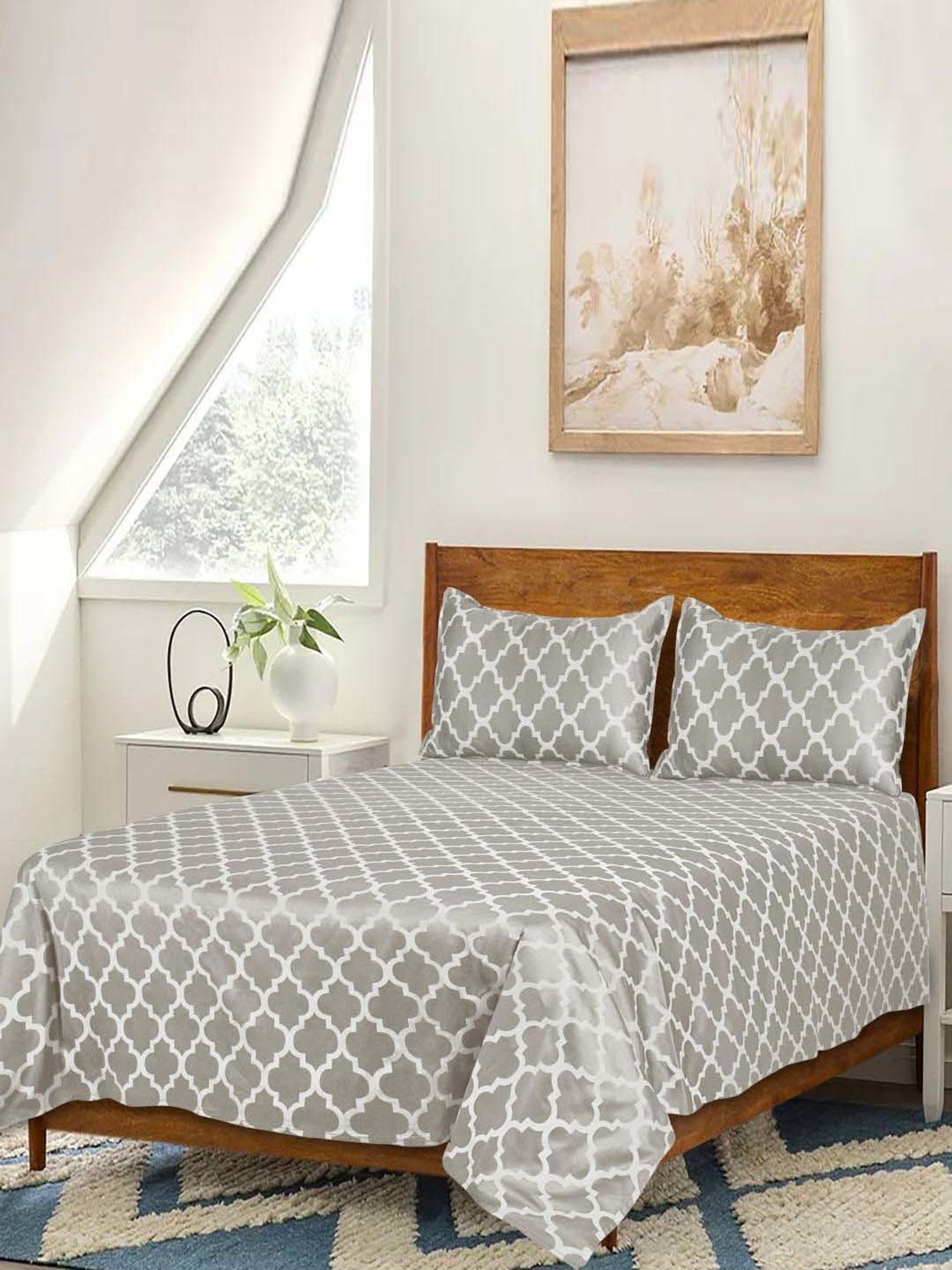 Saral Home Easy Living Beige Cotton Tangier Soft Self Pattern Queen Bed Sheet With Pillow Covers